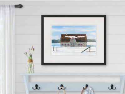 Watercolor painting of a stone barn surrounded by a snowy field
