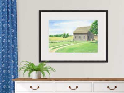 Watercolor barn with grass, winding drive, and wildflower field.