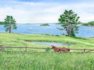 Watercolor of horses in a green pasture with pond, wildflowers, and ocean view.