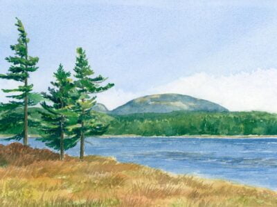 Watercolor painting of pond and Acadia National Park mountains