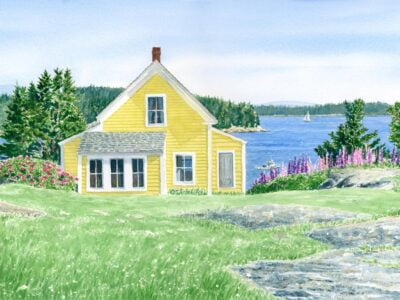 Yellow house with green grass, lupine, trees, and ocean