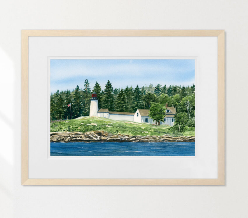 White lighthouse painting in natural frame
