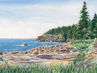 Watercolor painting of rocky coast in Acadia National Park