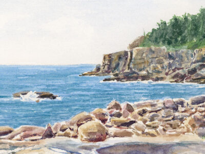 Watercolor painting of rocky coast in Acadia National Park