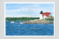 Hendricks Head Lighthouse with white tower and red roof, fishing boat, waves crashing on the rocky shore.