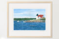 Hendricks Head Lighthouse with white tower and red roof, fishing boat, waves crashing on the rocky shore. Shown in natural frame.