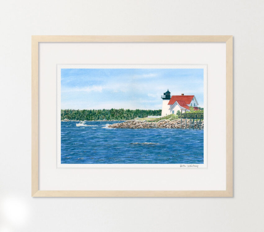 Hendricks Head Lighthouse with white tower and red roof, fishing boat, waves crashing on the rocky shore. Shown in natural frame.