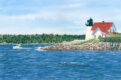 Hendricks Head Lighthouse with white tower and red roof, fishing boat, waves crashing on the rocky shore.