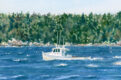 fishing boat on choppy ocean with trees