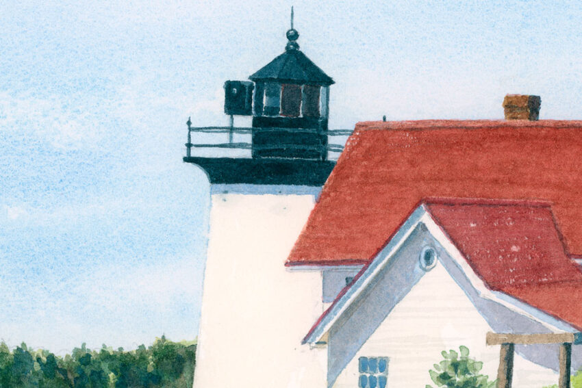 white lighthouse tower with red roof and black cupula