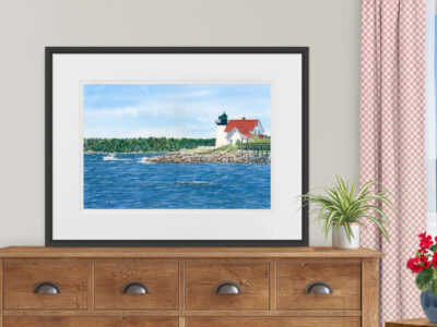 Red roofed lighthouse with lobster boat on rocky point in the ocean