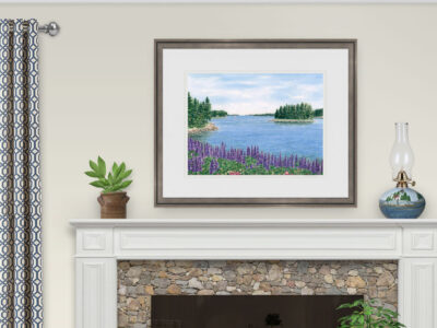 Maine ocean painting with purple lupine flowers and tree-covered islands. Shown over a fireplace mantel.