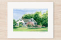 Painting of white cottage and rose garden