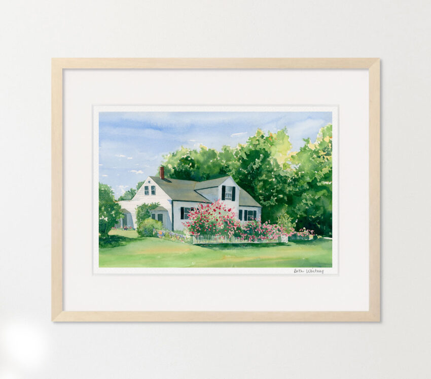 Painting of white cottage and rose garden