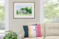 living room with painting of white cottage and rose garden